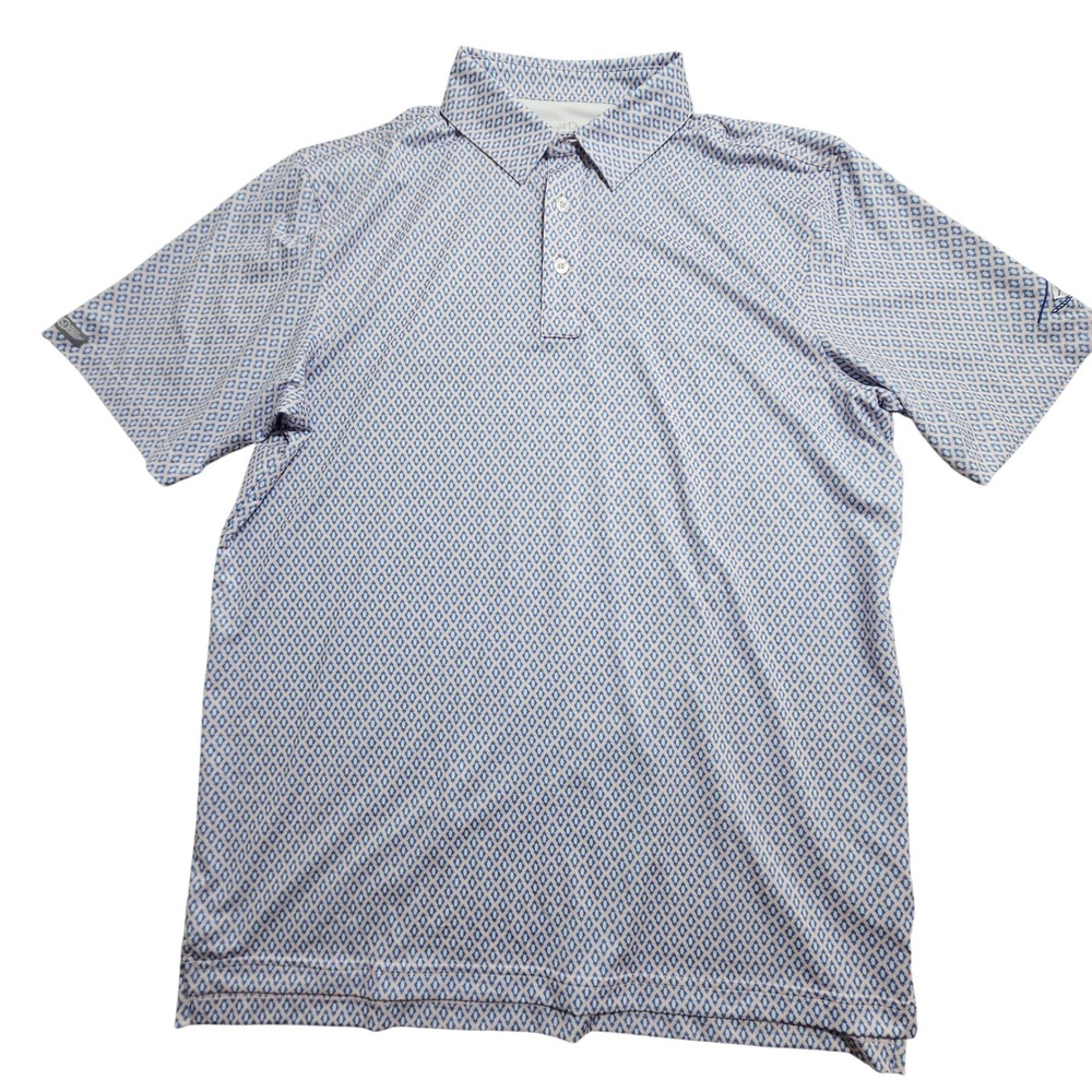 Straight Down Performance Polo Mens Medium Blue White Geometric Diamond Stretch
